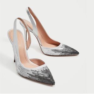 NWOT. Beautiful ZARA Dark Gray/Light gray/Silver slingback high heels